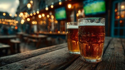 Two glasses of amber beer on a rustic wooden table with blurred bar lights frothy