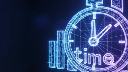 Dynamic digital visualization of a glowing neon wireframe stopwatch alongside an ascending bar graph abstractly representing critical concepts of time management financial growth business analytics a. - Powered by Adobe
