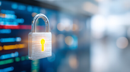 A digital padlock symbolizing cybersecurity and data protection in a tech-focused environment.