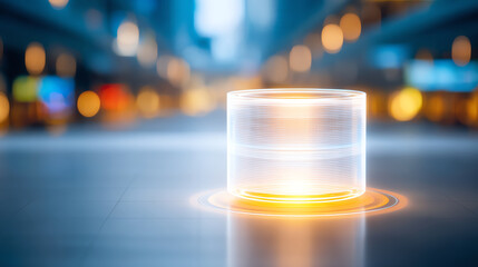 A futuristic glowing cylinder illuminated in a vibrant urban environment, symbolizing innovation and advancement in technology.