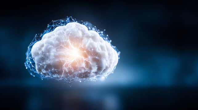 A futuristic digital cloud representing the concepts of cloud computing and data storage in a vibrant, glowing environment. - Powered by Adobe