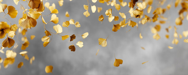 Abstract composition of golden skeletal leaves scattered over soft gray haze 32k ultra HD