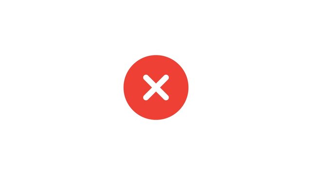 4K animation of a clean, flat red circle with a bold white X, perfect for error messages, closing and cancel actions in apps and websites.