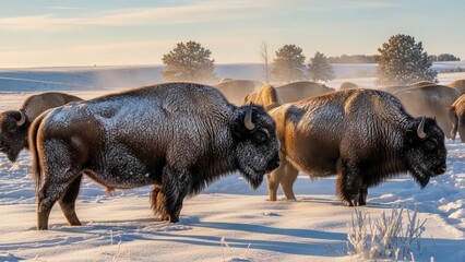 Herd of American bison standing in a snowy landscape at sunrise, their breath visible in the cold air, powerful wildlife scene