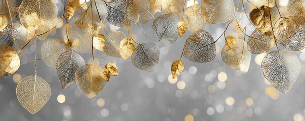 Abstract composition of golden skeletal leaves scattered over soft gray haze 32k ultra HD