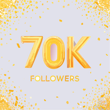 70k followers celebration design with Golden numbers, sparkling confetti and glitters. Realistic 3d festive illustration. Party event decoration. Vector illustration
