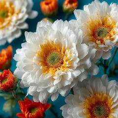 White and orange chrysanthemums with green centers on blue background flower yellow