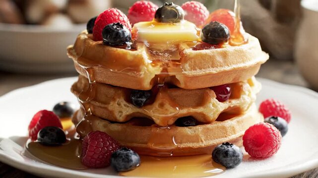 A stack of waffles with berries, butter, and syrup, on a white plate. Close-up photo