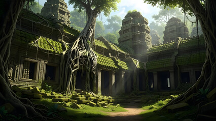Ancient Temple Ruins Overgrown by Giant Tree Roots in Lush Green Jungle, Mystical Historical Site with Sunlight