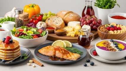 Delicious Breakfast Spread with Fresh Fruits and Pancakes.