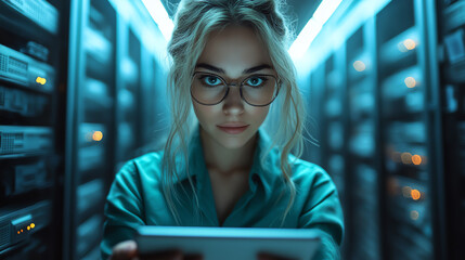 A young woman focuses intently on her tablet in a high-tech server room, illustrating the intersection of technology and innovation.