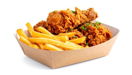Crispy Fried Chicken and Golden French Fries in a Takeout Container.