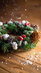 A close-up of a festive wreath on a wooden surface, with artificial snow falling, creating a cozy winter scene