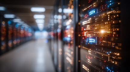 Close-up view of a modern data center showcasing vibrant server lights, highlighting the essence of digital infrastructure and connectivity.