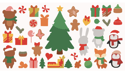 Fototapeta premium Cute cartoon Christmas vector set with animals tree gifts toys and sweets isolated on white