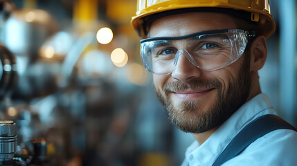 Confident worker in safety gear smiling at the camera in a modern industrial setting, showcasing a positive work environment.