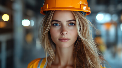Confident young woman in a hard hat showcasing dedication and professionalism in a work environment.