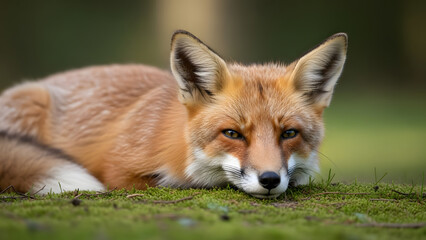 Adorable Red Fox Resting in the Forest, Close-up Portrait of a Wild Animal in its Natural Habitat