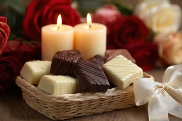 Romantic assortment of dark and white chocolates rests in a small wicker basket beside glowing pillar candles and deep red roses.