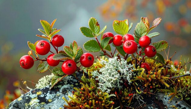 Detail of bearberry plants and lichens.