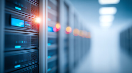 Modern data center with server racks and glowing lights, representing advanced technology and efficient data management.