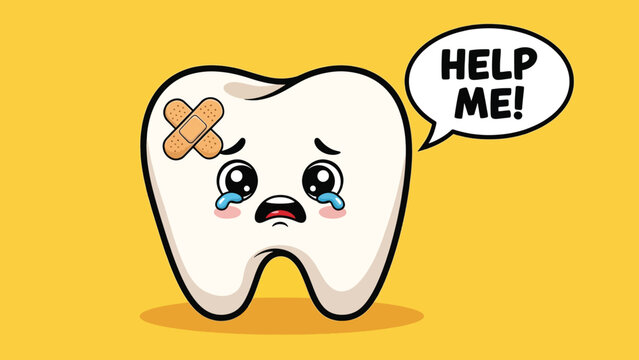 Crying Cartoon Tooth with BandAid and Help Me Speech Bubble.