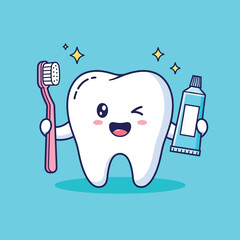 Cute cartoon tooth character holding pink toothbrush and blue toothpaste winking with sparkling clean teeth.