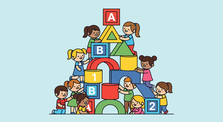 Naklejka premium Children Building Tower With Blocks Illustrating Education Learning
