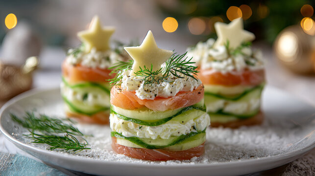 Layered small tapas with fresh salmon, cucumber, and creamy cheese topped with star-shaped cheese and dill, served on a white plate with snow-like salt for festive presentation