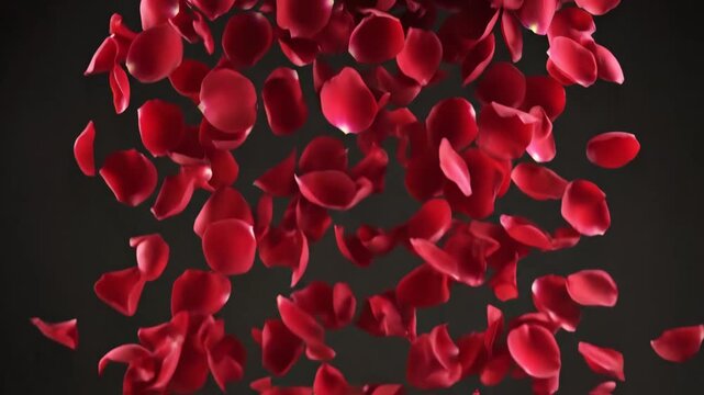 Romantic deep red rose petals fall in a dense cascade against a dark background, perfect for valentine's green screen.