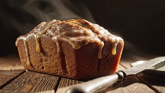 A loaf of cake with icing on a wooden table with a knife