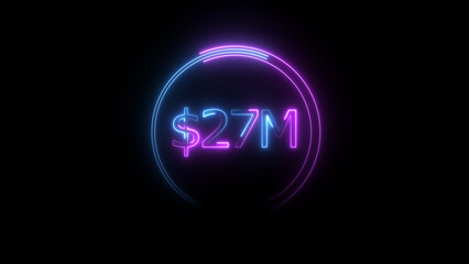 $27 Millions Glowing neon line Letter Icon illustration. $27M achievement for business Work, on black background illustration.