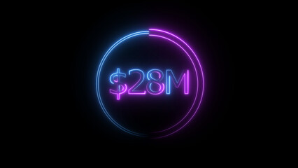 $28 Millions Glowing neon line Letter Icon illustration. $28M achievement for business Work, on black background illustration.