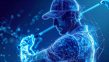 A digital rendering depicts a golfer in a baseball cap swinging a club. The figure is constructed with blue lines, representing data