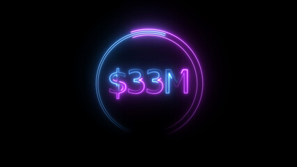 $33 Millions Glowing neon line Letter Icon illustration. $33M achievement for business Work, on black background illustration.
