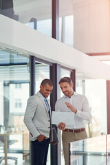 Business, men and meeting with document in office for real estate, property planning and web...