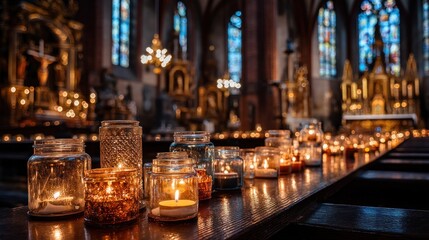 Many candles in glass containers illuminate a dark church interior, creating a peaceful and reflective atmosphere.