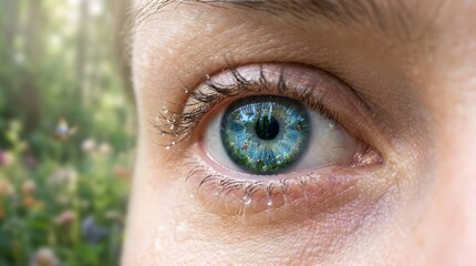 Macro shot of a brilliant blue eye with a reflection of a vibrant forest. Glitter adorns the eyelashes, and the background shows a softly blurred meadow with flowers.