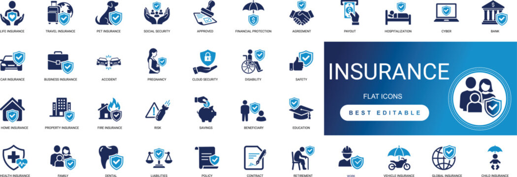 Insurance Solid Icons for Protection and Security featuring Health Car Home Life Business Policy Coverage Shield and Safety Professional Vector Set