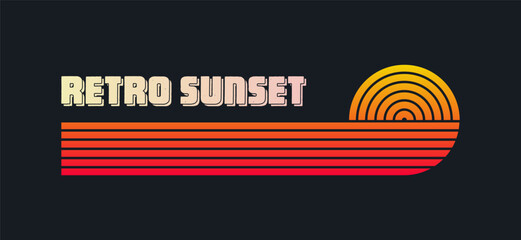Vintage colorful sunset. Various gradient striped sunrise badges in 80s and 90s style. Sun and ocean view, summer vibes, surfing. Design element for print, logo or t-shirt. Vector illustration