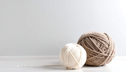 A neutral-toned photograph showcases two yarn balls on a white surface against a solid background. One white, another light brown