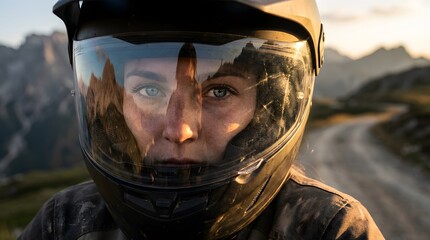 A determined woman's face is shown in close-up through a motorcycle helmet visor, reflecting a rugged mountain landscape at sunset. The image captures a sense of adventure and scenic beauty.