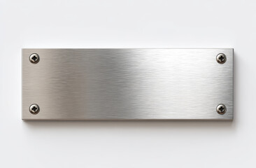 Long rectangular stainless steel nameplate with brushed metallic texture and four embedded screws