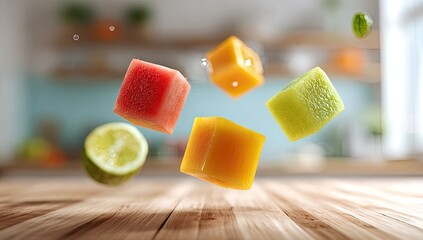 Floating cubes of fruit hover above a wood surface