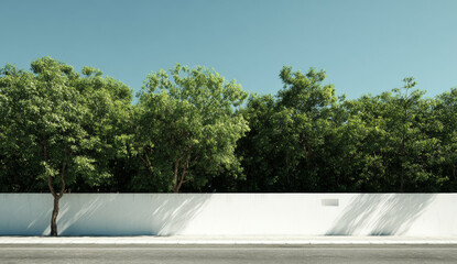 Long white concrete wall alongside a paved road with lush green trees and clear blue sky in the background