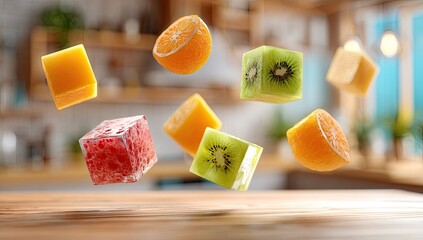 Cubed fruits floating in kitchen against blurred background