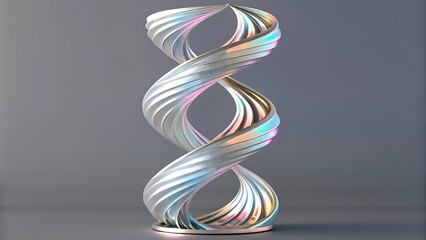 a visually striking iridescent sculpture depicts a spiraling twisted form resembling dna or a ribbon set against a dark gradient background
