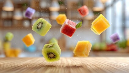 Floating fruit cubes on table. Bright, colorful, blurred back