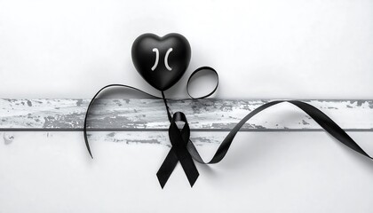 Heartfelt Sympathy - Black Heart Balloon and Ribbon on White Wood.