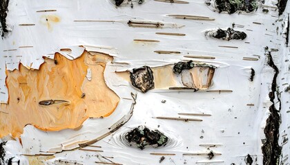 Close-up of birch bark with peeling layers and textures.
